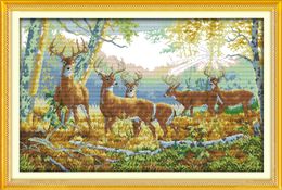 Five deers in forest scenery home decor painting ,Handmade Cross Stitch Craft Tools Embroidery Needlework sets counted print on canvas DMC 14CT /11CT