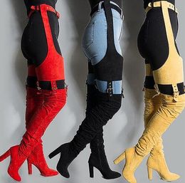 Hot Rihanna Flock High Boots Winter Over Knee Fashion Heeled Boots Strap Solid Pointed Toe Square Heel Zip Rubber Boots