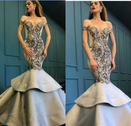 Zuhair Murad Silver Evening Dresses Off The Shoulder Lace 3D Floral Appliqued Tiered Skirt Floor Length Prom Dress Formal Party Gowns