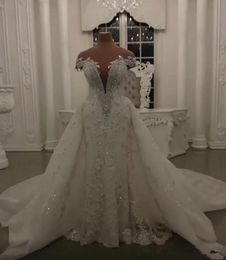 luxury Mermaid Wedding Dresses with Detachable Skirt Shining Sequins Crystals Bead Appliques off the shoulder african Long Bridal Gowns