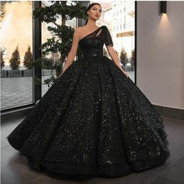 Sparkly Boho Black Evening Gowns Long 2020 One Shoulder Sequined fluffy Ball Gown Formal Dresses Custom Made Arabic Evening Dresses