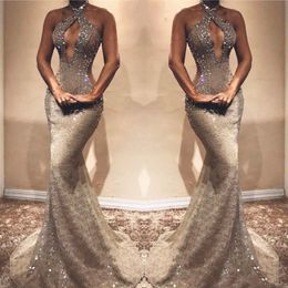 Grey Beaded Lace Mermaid Prom Dress Bust Hollow Backless Sleeveless Prom Evening Party Wear for Sexy Lady Graduation Dress 2019