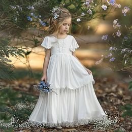 Bohemia Lace Flower Girl Dresses For Beach Wedding Pageant Gowns With Short Sleeves Floor Length Boho Kids First Holy Communion Dress 407