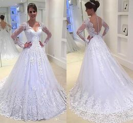 Elegant Vintage A-Line Wedding Dresses V-Neck Appliques Long-Sleeves Tulle Beading Lace Appliqued Wedding Dress Bridal Gowns Vestidos