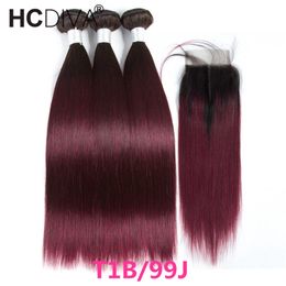 Pre Colored Bundles With Closure T1b 99j Bundles With Closure Two Tone Dark Roots Wine Red Human Hair Bundles Weave Brazilian Raw Virgin Hai