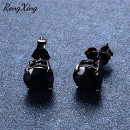 Fashion- 925 Sterling Silver Black Stone Stud Earrings for Women Vintage Black Gold Filled Zircon Studs Wedding Earring brinco