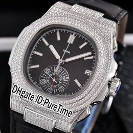 New Classic 5980 Steel Diamond Case Black Texture Dial Miyota Quartz Chronograph Mens Watch Black Leather Watches Stopwatch PB308b2