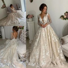 2019 Sexy African A Line Wedding Dresses Tulle Lace Appliques Deep V Neck Long Sleeves Backless Court Train Plus Size Custom Bridal Gowns