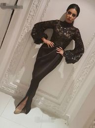 Black Mermaid Evening Dresses Long sleeves 2020 Glittering Sequin Lace Slit High Collar Dubai Arabic Long Sleeve Muslim Formal Gown Prom