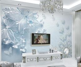 3d customized wallpaper beautiful blue transparent flowers and butterflies 3d TV background wall