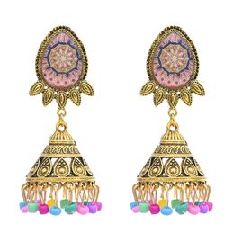 Vintage Gold Metal Acrylic Beads Tassel Indian Jhumka Earrings for Women Festival Party Jewellery