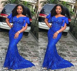 African Royal Blue Plus Size Mermaid Evening Dresses Off Shoulder Lace Appliques Beaded Crystals Sweep Train Formal Prom Evening Gowns