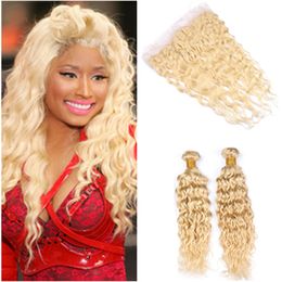 Russian Blonde Water Wave Human Hair 2Bundles and Full Frontal Pure 613 Blonde Wet and Wavy Lace Frontal Closure 13x4 with Weave Wefts