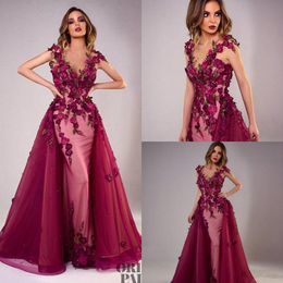 New Tony Chaaya Evening Dresses With Detachable Train Burgundy Beads Mermaid Prom Gowns Lace Applique Sleeveless Luxury Party Dress 4264
