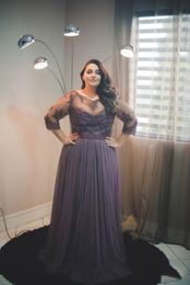 Plus Size Evening Gowns Dresses With Sleeves A-line Tulle Appliques Lace Sheer Big Gight Prom Dress For Fat Women