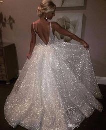 Bling Sexy Sequined A Line Wedding Dresses Spaghetti Straps Deep V Neck Back Long Cheap Plus Size Pageant Special Ocn Fomal Gowns