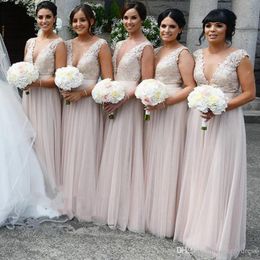 2020 Deep V neck Long Bridesmaids Dress Cap Short Sleeves Light Pink Chiffon Backless Lace Pr