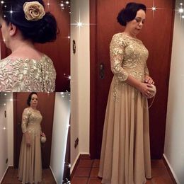 Chic Champagne Mother Of The Bride Dresses Scoop Neck 3/4 Sleeves Lace Formal Evening Prom Sheath Appliqued Wedding Guest Gowns Cheap 0505