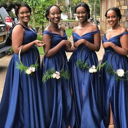 2020 Navy Blue Plus Size African Wedding Guest Dresses Long Side Split Off The Shoulder Evening Elegant Formal Dress Bridesmaid Dress Gowns