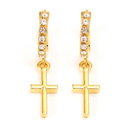 Zircon Earring Special Christian Vogue Womens True Real 24 K Solid Fine Yellow Gold GF Crucifix Cross Timeless Charm Earrings