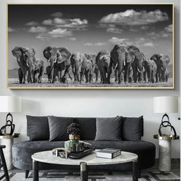 1 Pcs Modern Black African Elephant Herd Posters And Prints Wall Art Canvas Painting Animals Pictures For Living Room Cuadros Decor No Frame
