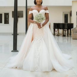 Elegant Mermaid Lace Wedding Dresses With Detachable Train Off The Shoulder Neck Appliqued Bridal Gowns Sweep Train Tulle robes de mariée