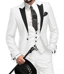 New Hot Selling One Button White Groom Tuxedos Peak Lapel Groomsmen Mens Wedding Business Prom Suits (Jacket+Pants+Vest+Tie) 663