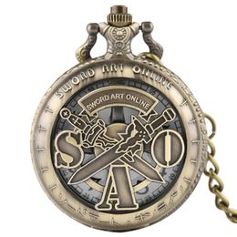 Bronze Retro Hollow Out Case Sword Art Online Pocket Watch Quartz Fob Necklace Chain Analogue Clock Gift Children reloj de bolsillo