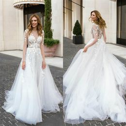 newest boho wedding dresses jewel neck long sleeves appliqued lace elegan bridal gown beach sweep train custom made cheap robes de marie