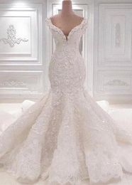 Luxurious Mermaid Lace Wedding Dresses Scoop Neck Full Lace Appliqued Crystal Long Cathedral Train Wedding Bridal Gowns BC0221