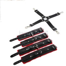 Bondage Plush Leather Handcuffs Wrist to Ankle Cuffs Hog-tie Restraints Belt slave Kit #R56