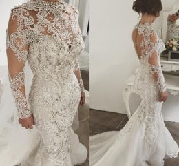 2019 Luxury Full Lace robe de marriage Long Sleeves Mermaid Wedding Dresses High Neck Applique Crystal Saudi Arabic Bridal Gowns Court Train