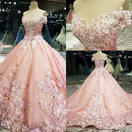 Sexy New Pink Prom Dresses Off Shoulder Lace Appliques With Flowers Crystal Beads Ball Gown Formal Party Dress Evening Gowns Wear