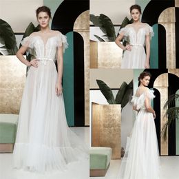 aline wedding dress sequins illusion sweep train bridal dress bow sash pleats tulle robes de marie
