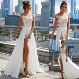 Hot Sale A Line Lace Beach Wedding Dresses Sheer Bateau Neck Bohemian Side Split Bridal Gowns Sweep Train robe de mariée