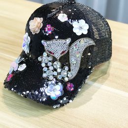 Fashion luxury designer handmade Sequins hats flower diamond cute fox baseball ball caps for woman outdoor sun-proof mesh holes