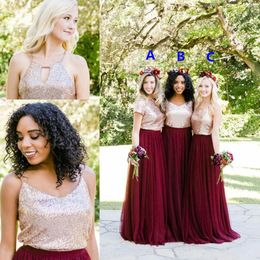 2023 Bridesmaid Dresses Rose Gold Sequined Burgundy Tulle Two Pieces Country Three Styles Open Back Floor Length Plus Size Wedding335l