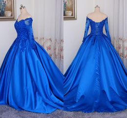 Lace Ball Gown Prom Dresses Off The Shoulder Illusion Long Sleeve Applique Beaded Draped Lace-up Graduation Dress 8th Grade 2019 Evening