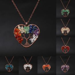 New Arrival Tree of Life Copper wire Necklace 7 Chakra Stone Beads Natural Choker Heart Shape Long Chain Pendant Necklace Jewellery Gift