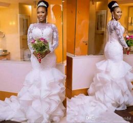 Afrykańskie sukienki z syreny w rozmiarze afrykańskiej w dużych rozmiarach długi rękaw Sheer Bateau Neck Kościa organza Ruffles sukienka ślubna suknie ślubne 2024