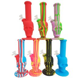 Silicone Smoking Water Pipe 11 Inch Straight Tube Novelty Unbreakable Wax Dry Herbs Tobacco Dabs Concentrate Silicon Rubber Skull Bongs
