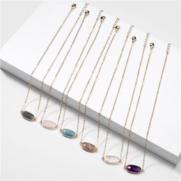 Colorful Oval Hexagon Geometric Natural Stone Gold Plated Pendant Necklaces for Women Lady Brand Jewelry
