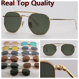 Gafas de sol de metal Dise￱ador de marca de calidad AAAA 3648 Gafas de sol lente de tonos hex￡gono plano para hombres Mujeres UV400 Lentes de vidrio de espejo flash gradiente con estuche de cuero gratis