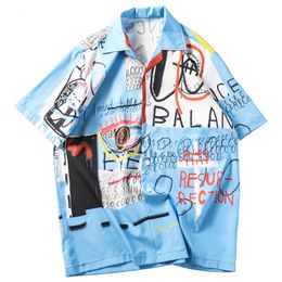 Mens Hip Hop Shirts Streetwear Hawaiian Shirt Graffiti Print Beach Tops Summer Thin Tops Short Sleeve Male Clothing