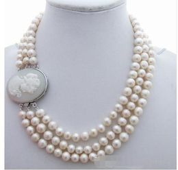 Triple strands 17-19'' 9-10mm Natural freshwater White Pearl Necklace 14K