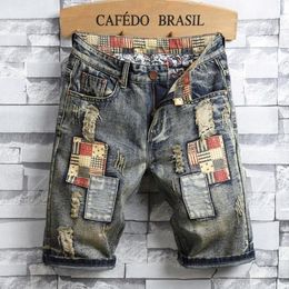 New Summer Fashion Jeans Mens Personality Patch Retro Denim Shorts Pants Designer Hole