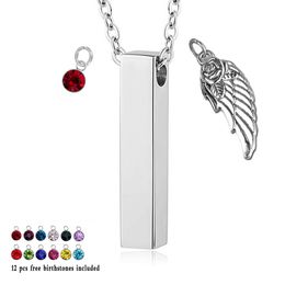 Angel Wing with 12 Piece Birthstone Pendant Charm Bar Cube Memorial Urn Necklace Cremation Ashes Jewellery Keepsake