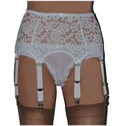 Sexy Women White Bridal Lingerie Suspender Elastic Garter Belt 6-Metal Buckles Straps Lace and Mesh Garter Belt with Satin Bows No stocking