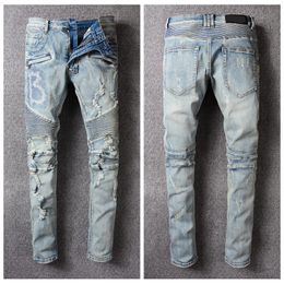 Latest Mens Distressed Ripped Biker Jeans Slim Fit Motorcycle Biker Denim For Men Fashion Hip Hop Designer Jeans Outdoor Pants #979