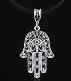 free ship 20pcs/lot Tibetan Silver Style Hollow Evil Eye Hamsa Fatima Hand charms Black Leather Cord Chain Necklace Jewelry Gift DIY